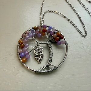 Silver Tree of Life Pendant Necklace Earthy Beads Owl Wisdom Boho Spiritual Luck